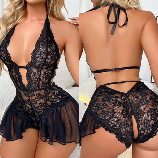 Sexy Crotchless White Underwear Women Lace Hollow Bra Set Erotic Costume Teddy Baby Doll Dress Deep V Open Bra Porn Lingerie Set - SwiftTrends™