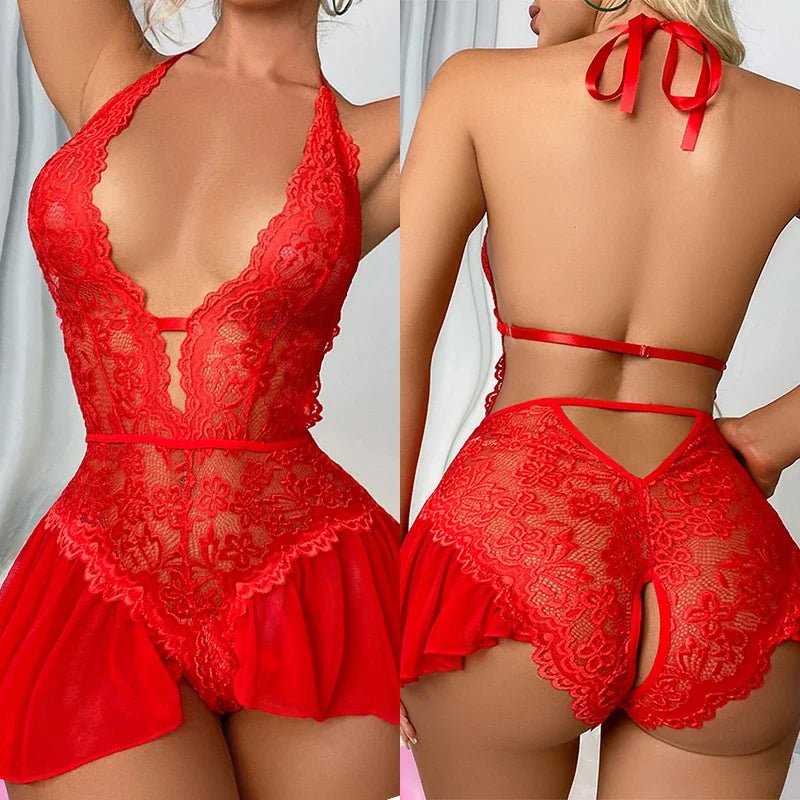 Sexy Crotchless White Underwear Women Lace Hollow Bra Set Erotic Costume Teddy Baby Doll Dress Deep V Open Bra Porn Lingerie Set - SwiftTrends™